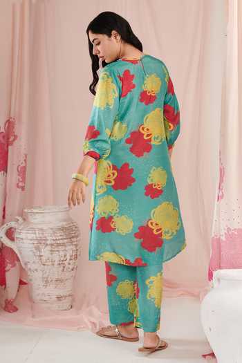 Shop Negra Elegante Blue Silk, Cotton Embroidery, Sequins Round Neck Botanic Print Kurta Pant Set at Aza Fashions Shop_Negra Elegante_Blue Silk, Cotton Embroidery, Sequins Round Neck Botanic Print Kurta Pant Set _at_Aza_Fashions