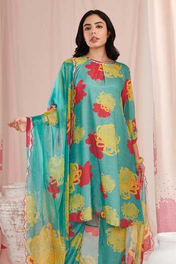 Buy Negra Elegante Blue Silk, Cotton Embroidery, Sequins Round Neck Botanic Print Kurta Pant Set Online at Aza Fashions Buy_Negra Elegante_Blue Silk, Cotton Embroidery, Sequins Round Neck Botanic Print Kurta Pant Set _Online_at_Aza_Fashions