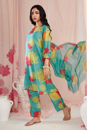 Shop Negra Elegante Blue Silk, Cotton Embroidery, Sequins Round Neck Botanic Print Kurta Pant Set Online at Aza Fashions Shop_Negra Elegante_Blue Silk, Cotton Embroidery, Sequins Round Neck Botanic Print Kurta Pant Set _Online_at_Aza_Fashions
