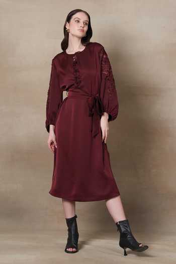 Buy Maroon Poly Satin Embroidered Applique Work Round Neck Floral Dress For  Women by RANNA GILL Online at Aza Fashions.