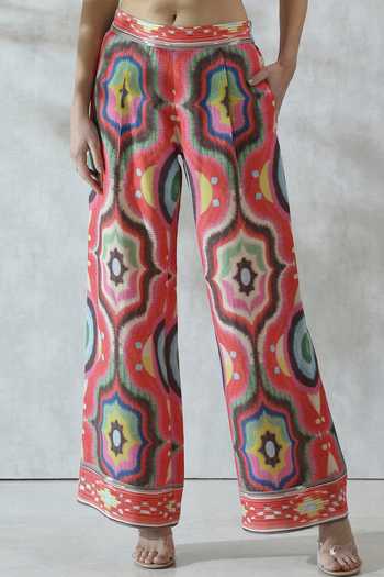 RANNA GILL_Multi Color Linen Viscose Kaleidoscopic Ogee Aepen Motif Pant _Online_at_Aza_Fashions