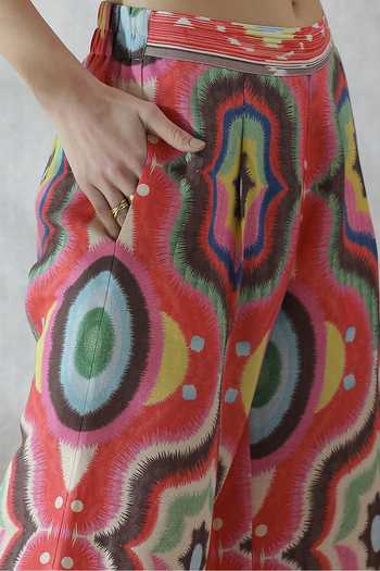 RANNA GILL_Multi Color Linen Viscose Kaleidoscopic Ogee Aepen Motif Pant _at_Aza_Fashions