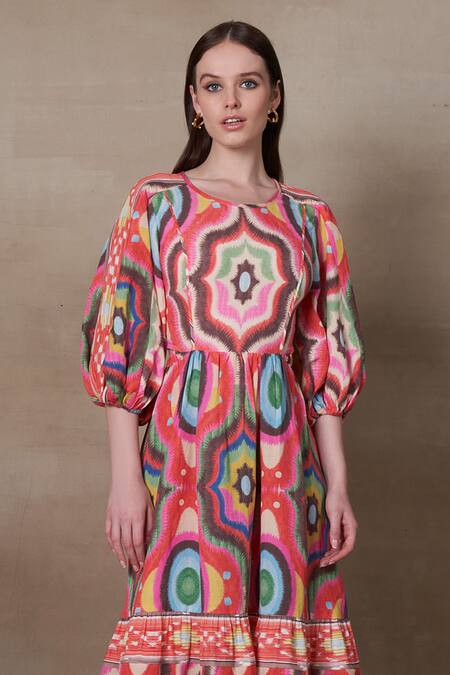 RANNA GILL_Multi Color Linen Viscose Printed Kaleidoscopic Ogee Selena Dress _Online_at_Aza_Fashions