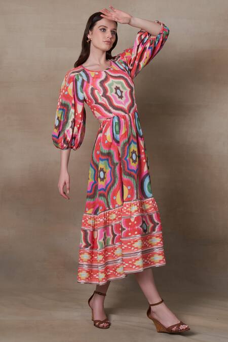 Shop_RANNA GILL_Multi Color Linen Viscose Printed Kaleidoscopic Ogee Selena Dress _Online_at_Aza_Fashions