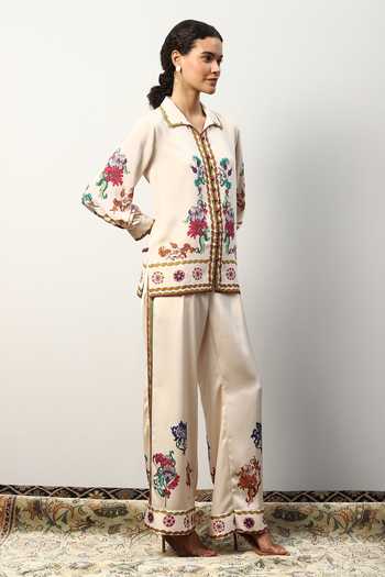 RANNA GILL_Off White Satin Print Baroque Collared Neck Tiani Shirt _Online_at_Aza_Fashions