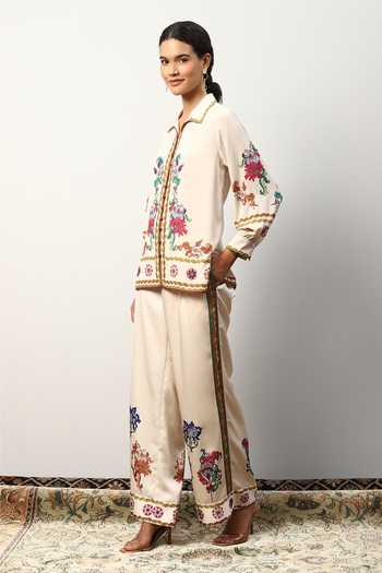 Buy_RANNA GILL_Off White Satin Print Baroque Collared Neck Tiani Shirt _Online_at_Aza_Fashions