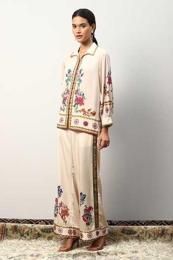 Shop_RANNA GILL_Off White Satin Print Baroque Collared Neck Tiani Shirt _Online_at_Aza_Fashions