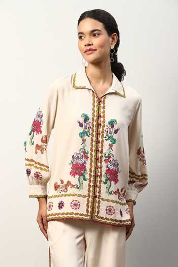 RANNA GILL_Off White Satin Print Baroque Collared Neck Tiani Shirt _at_Aza_Fashions