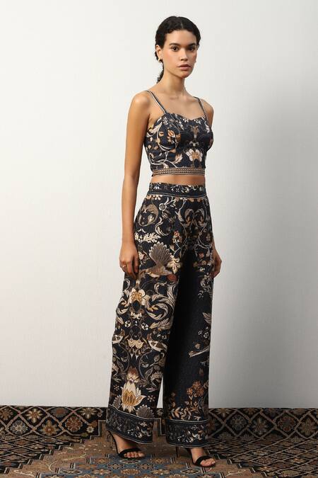 RANNA GILL_Black Linen Viscose Print Floral Sweetheart Neck Caroline Corset Top _Online_at_Aza_Fashions