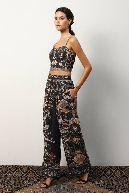 Buy_RANNA GILL_Black Linen Viscose Print Floral Sweetheart Neck Caroline Corset Top _Online_at_Aza_Fashions