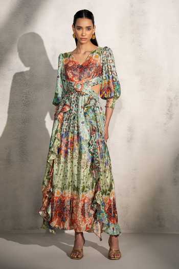 RANNA GILL_Multi Color Viscose Lurex Georgette Print Flora V Vera Shimmer Dress _Online_at_Aza_Fashions
