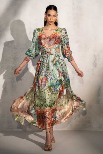 Buy_RANNA GILL_Multi Color Viscose Lurex Georgette Print Flora V Vera Shimmer Dress _Online_at_Aza_Fashions