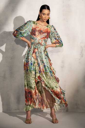 Shop_RANNA GILL_Multi Color Viscose Lurex Georgette Print Flora V Vera Shimmer Dress _Online_at_Aza_Fashions