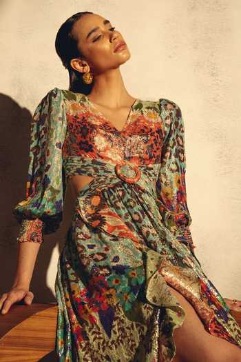 RANNA GILL_Multi Color Viscose Lurex Georgette Print Flora V Vera Shimmer Dress _at_Aza_Fashions