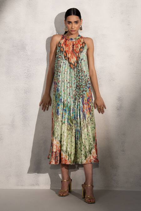 RANNA GILL_Multi Color Viscose Lurex Georgette Print Skin Gardenia Zuri Dress _Online_at_Aza_Fashions