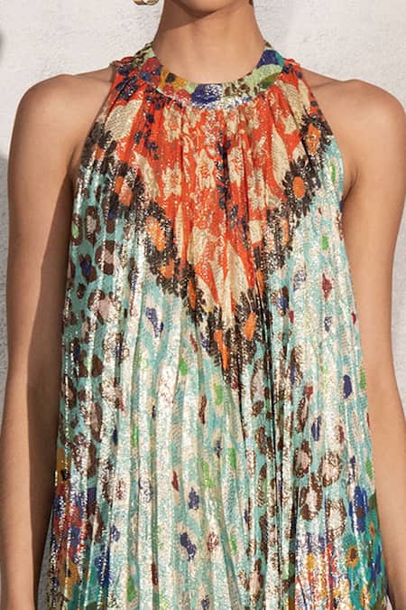 Buy_RANNA GILL_Multi Color Viscose Lurex Georgette Print Skin Gardenia Zuri Dress _Online_at_Aza_Fashions