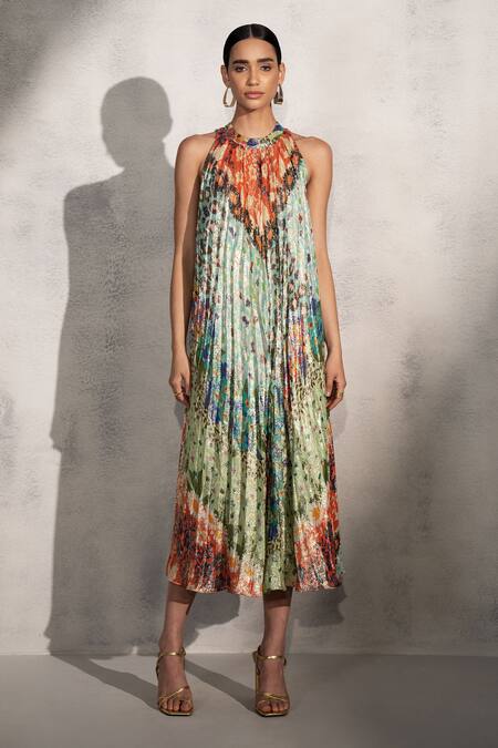 Shop_RANNA GILL_Multi Color Viscose Lurex Georgette Print Skin Gardenia Zuri Dress _Online_at_Aza_Fashions