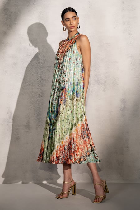 RANNA GILL_Multi Color Viscose Lurex Georgette Print Skin Gardenia Zuri Dress _at_Aza_Fashions