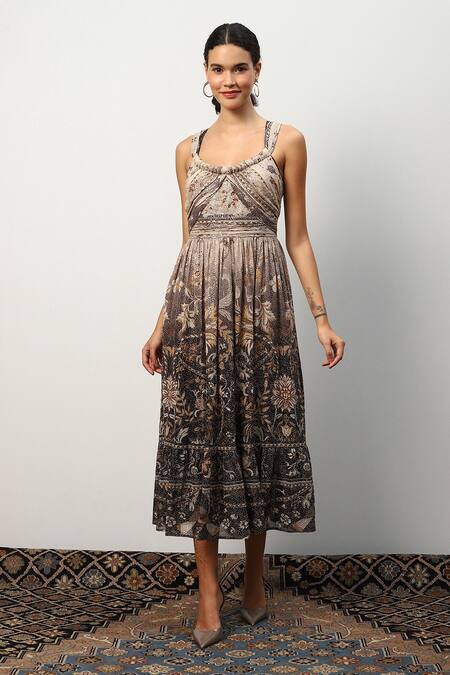 Ranna Gill Black Viscose Georgette Print Blossom Square Neck Arlette Midi Dress 