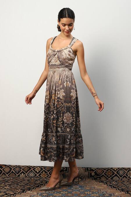 Buy_RANNA GILL_Black Viscose Georgette Print Blossom Square Neck Arlette Midi Dress _Online_at_Aza_Fashions