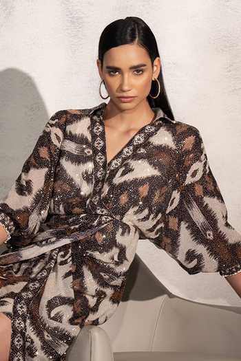 RANNA GILL_Brown Viscose Georgette Print Ikat Flora V Collar Stormi Dress _Online_at_Aza_Fashions