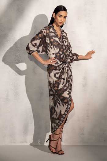 Buy_RANNA GILL_Brown Viscose Georgette Print Ikat Flora V Collar Stormi Dress _Online_at_Aza_Fashions