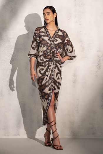 Shop_RANNA GILL_Brown Viscose Georgette Print Ikat Flora V Collar Stormi Dress _Online_at_Aza_Fashions