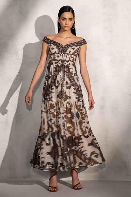 RANNA GILL Brown Viscose Georgette Print Ikat Floral Off Valery Dress