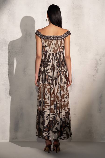 Shop RANNA GILL Brown Viscose Georgette Print Ikat Floral Off Valery Dress at Aza Fashions Shop_RANNA GILL_Brown Viscose Georgette Print Ikat Floral Off Valery Dress _at_Aza_Fashions