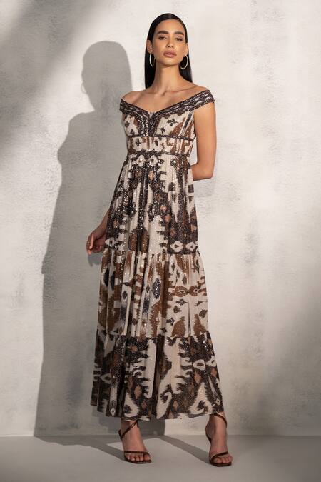 RANNA GILL Brown Viscose Georgette Print Ikat Floral Off Valery Dress Online at Aza Fashions RANNA GILL_Brown Viscose Georgette Print Ikat Floral Off Valery Dress _Online_at_Aza_Fashions