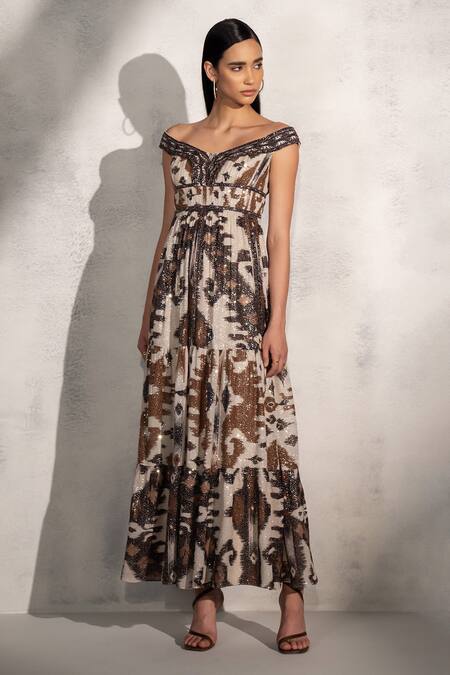 Buy RANNA GILL Brown Viscose Georgette Print Ikat Floral Off Valery Dress Online at Aza Fashions Buy_RANNA GILL_Brown Viscose Georgette Print Ikat Floral Off Valery Dress _Online_at_Aza_Fashions