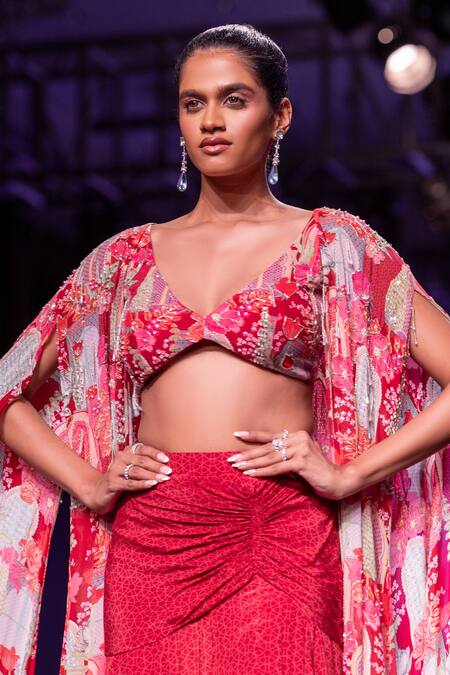 Krisha Sunny Ramani_Maroon Sweetheart Neck Crystal Embellished Cape Slit Lehenga Set _Online_at_Aza_Fashions