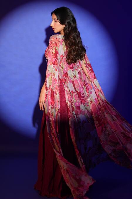 Buy_Krisha Sunny Ramani_Maroon Sweetheart Neck Crystal Embellished Cape Slit Lehenga Set 