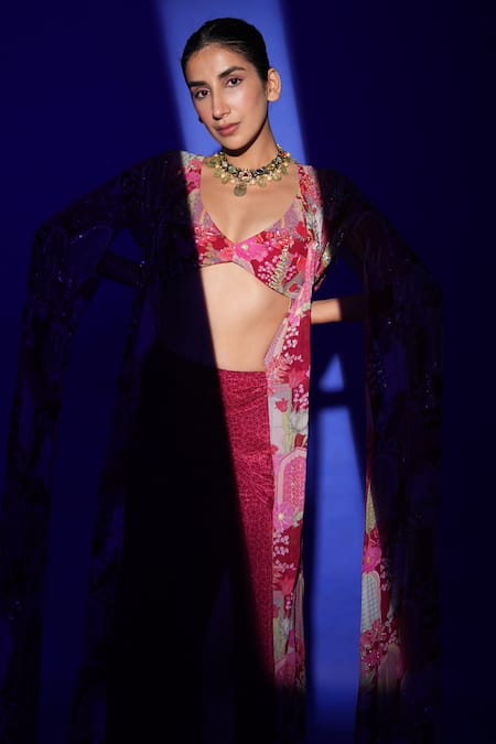 Shop_Krisha Sunny Ramani_Maroon Sweetheart Neck Crystal Embellished Cape Slit Lehenga Set 