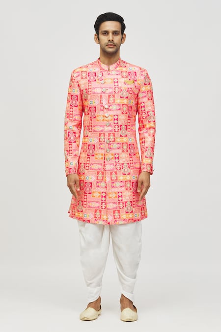 Buy_Arihant Rai Sinha_Pink Rayon, Polyester, Viscose Embroidery Mughal Tile Print Kurta Set _Online_at_Aza_Fashions