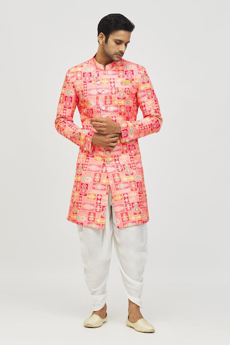 Shop_Arihant Rai Sinha_Pink Rayon, Polyester, Viscose Embroidery Mughal Tile Print Kurta Set _Online_at_Aza_Fashions