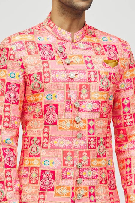 Arihant Rai Sinha_Pink Rayon, Polyester, Viscose Embroidery Mughal Tile Print Kurta Set _at_Aza_Fashions