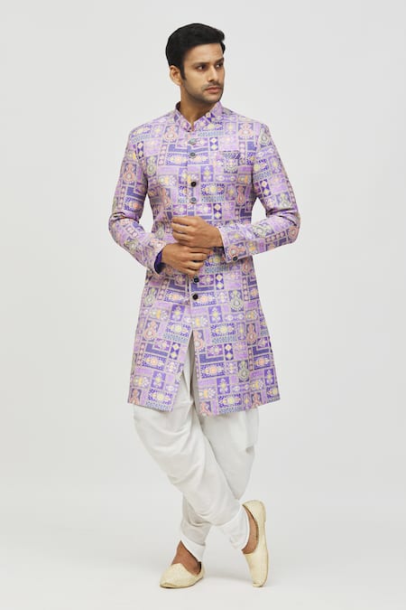 Shop Arihant Rai Sinha Purple Rayon, Polyester, Viscose Embroidery, Sequins Mughal Print Kurta Set Online at Aza Fashions Shop_Arihant Rai Sinha_Purple Rayon, Polyester, Viscose Embroidery, Sequins Mughal Print Kurta Set _Online_at_Aza_Fashions