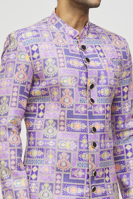 Arihant Rai Sinha Purple Rayon, Polyester, Viscose Embroidery, Sequins Mughal Print Kurta Set at Aza Fashions Arihant Rai Sinha_Purple Rayon, Polyester, Viscose Embroidery, Sequins Mughal Print Kurta Set _at_Aza_Fashions