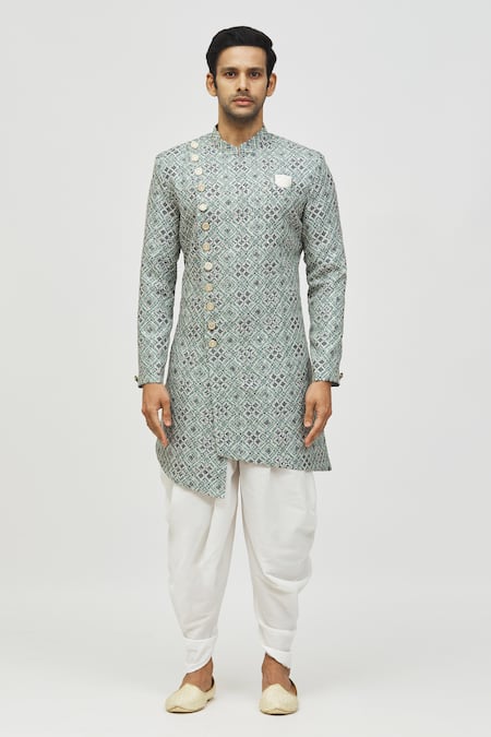 Shop_Arihant Rai Sinha_Green Rayon, Polyester, Viscose Metallic Moroccan Print Asymmetric Kurta Set _Online_at_Aza_Fashions