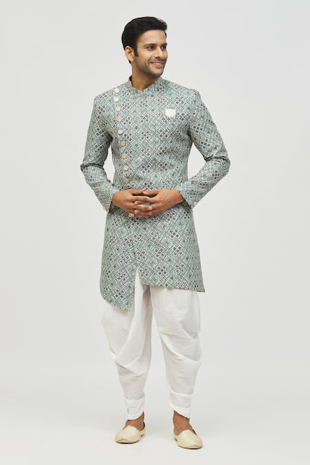 Arihant Rai Sinha_Green Rayon, Polyester, Viscose Metallic Moroccan Print Asymmetric Kurta Set _at_Aza_Fashions