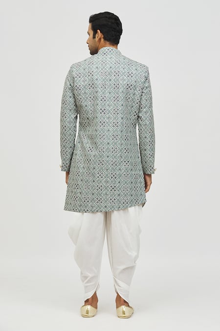 Arihant Rai Sinha_Green Rayon, Polyester, Viscose Metallic Moroccan Print Asymmetric Kurta Set _Online_at_Aza_Fashions