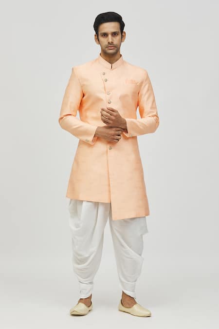 Aryavir Malhotra Peach Kurta Jacquard Embroidered Thread And Sequin Work & Asymmetric Set 