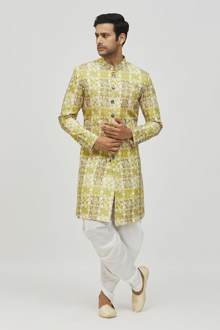 Buy_Arihant Rai Sinha_Green Rayon, Polyester, Viscose Embroidery, Sequins Floral Tile Print Kurta Set _Online_at_Aza_Fashions