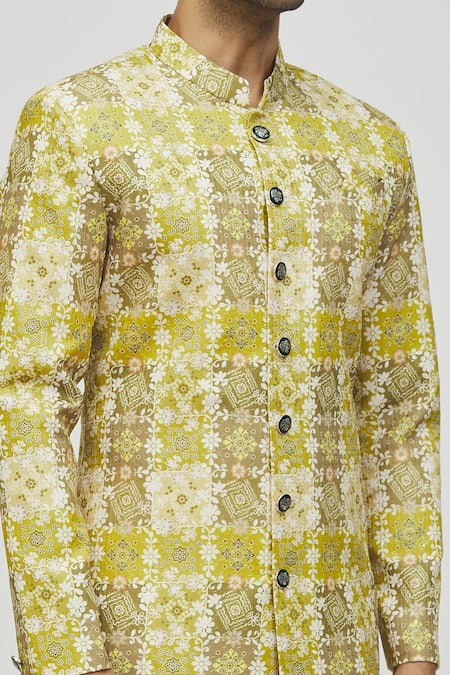 Shop_Arihant Rai Sinha_Green Rayon, Polyester, Viscose Embroidery, Sequins Floral Tile Print Kurta Set _Online_at_Aza_Fashions