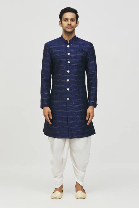 Arihant Rai Sinha Blue Jacquard, Polyester, Viscose Zari Embroidered Kurta And Pant Set Online at Aza Fashions Arihant Rai Sinha_Blue Jacquard, Polyester, Viscose Zari Embroidered Kurta And Pant Set_Online_at_Aza_Fashions