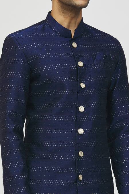 Shop Arihant Rai Sinha Blue Jacquard, Polyester, Viscose Zari Embroidered Kurta And Pant Set Online at Aza Fashions Shop_Arihant Rai Sinha_Blue Jacquard, Polyester, Viscose Zari Embroidered Kurta And Pant Set_Online_at_Aza_Fashions