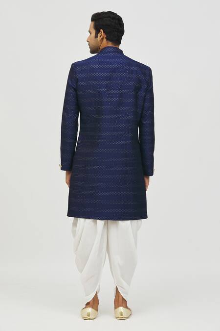Shop Arihant Rai Sinha Blue Jacquard, Polyester, Viscose Zari Embroidered Kurta And Pant Set at Aza Fashions Shop_Arihant Rai Sinha_Blue Jacquard, Polyester, Viscose Zari Embroidered Kurta And Pant Set_at_Aza_Fashions
