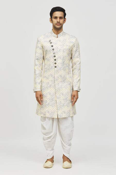Buy_Arihant Rai Sinha_Yellow Rayon, Polyester, Viscose Sequins, Embroidery Flower Print Kurta Set_Online_at_Aza_Fashions