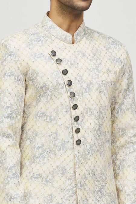 Arihant Rai Sinha_Yellow Rayon, Polyester, Viscose Sequins, Embroidery Flower Print Kurta Set_at_Aza_Fashions